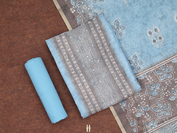 Printed Design Blue Silk Cotton Unstitched Salwar Material