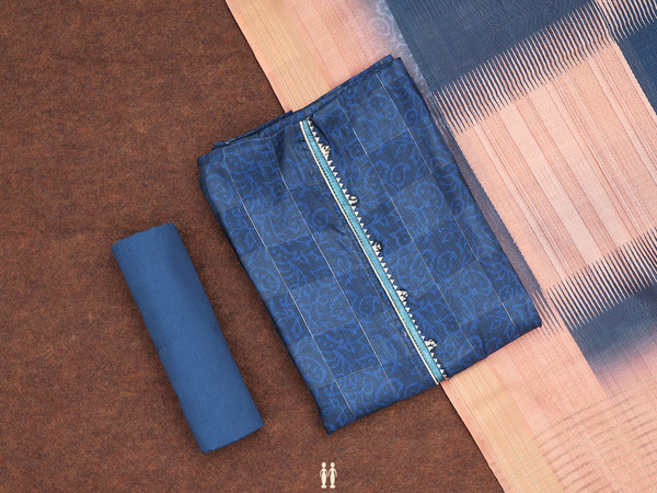 Printed Design Blue Silk Cotton Unstitched Salwar Material