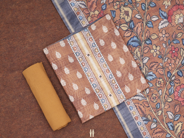 Printed Design Brown Silk Cotton Unstitched Salwar Material