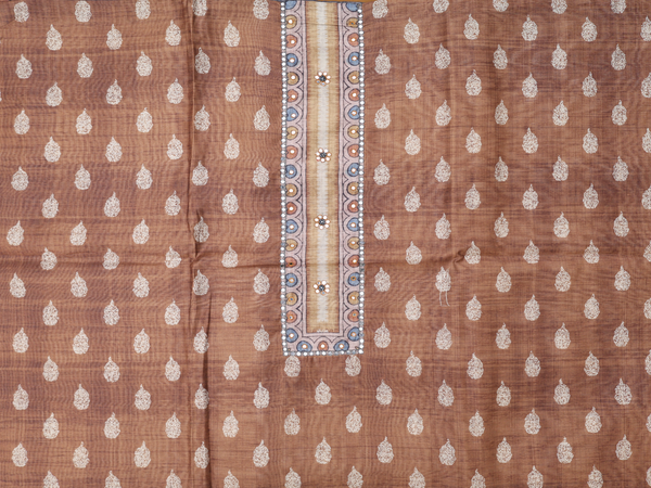 Printed Design Brown Silk Cotton Unstitched Salwar Material
