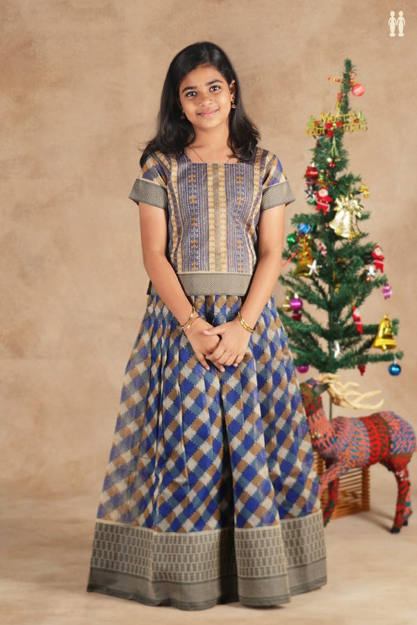 Printed Design Blue And Brown Kota Pavadai Sattai