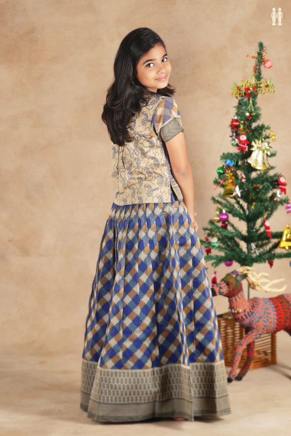 Printed Design Blue And Brown Kota Pavadai Sattai