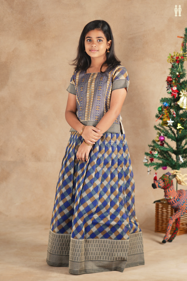 Printed Design Blue And Brown Kota Pavadai Sattai