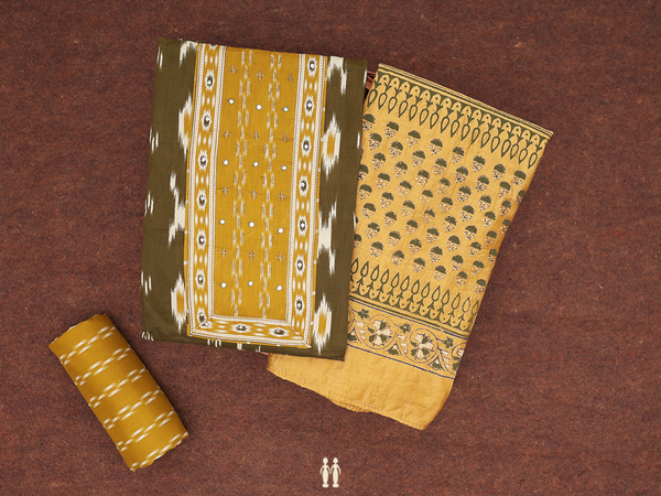 Printed Design Olive Green Cotton Unstitched Salwar Material