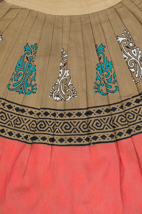 Printed Design Orange And Green Readymade Pavadai Sattai