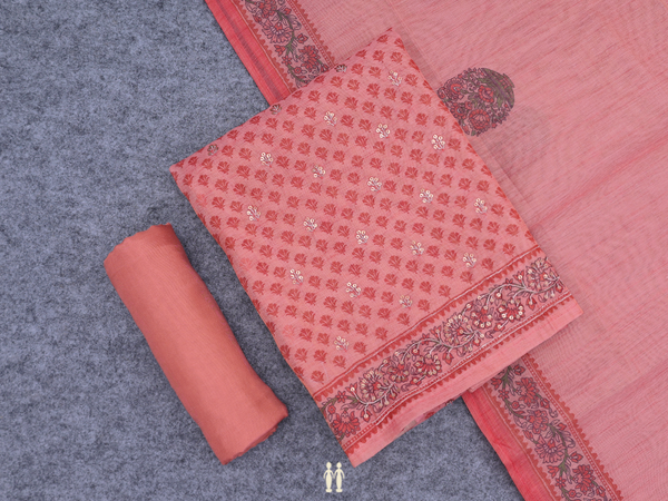 Printed Design Orange Silk Cotton Unstitched Salwar Material