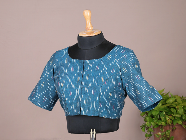 Printed Design Teal Blue Cotton Readymade Blouse