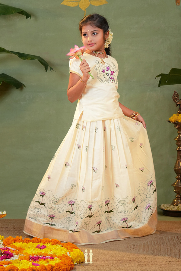 Printed Design White Kasavu Readymade Pavadai Sattai