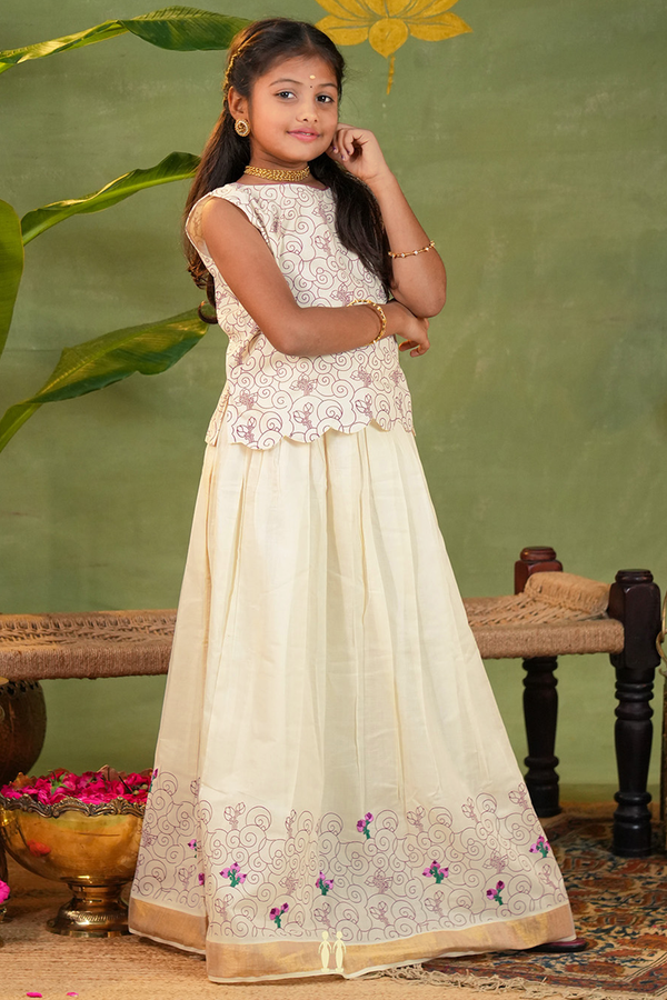 Printed Design White Kasavu Readymade Pavadai Sattai