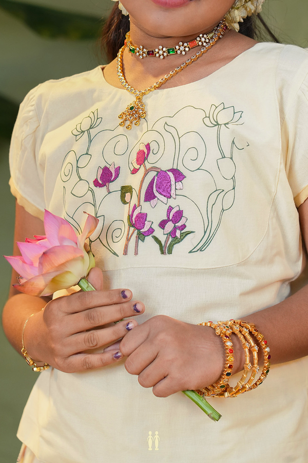 Printed Design White Kasavu Readymade Pavadai Sattai