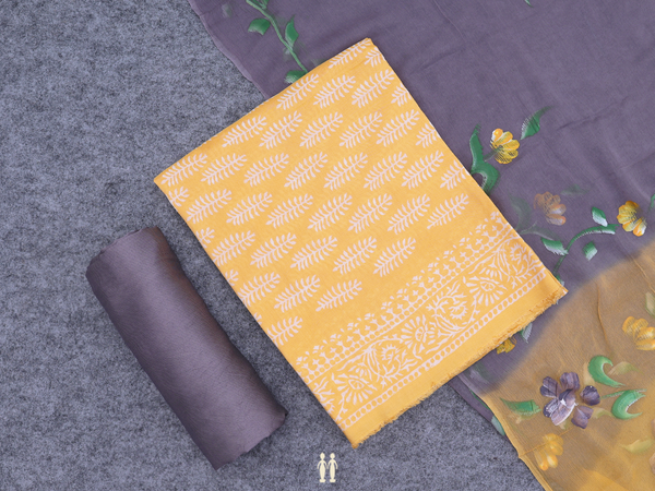 Printed Design Yellow Raw Silk Unstitched Salwar Material