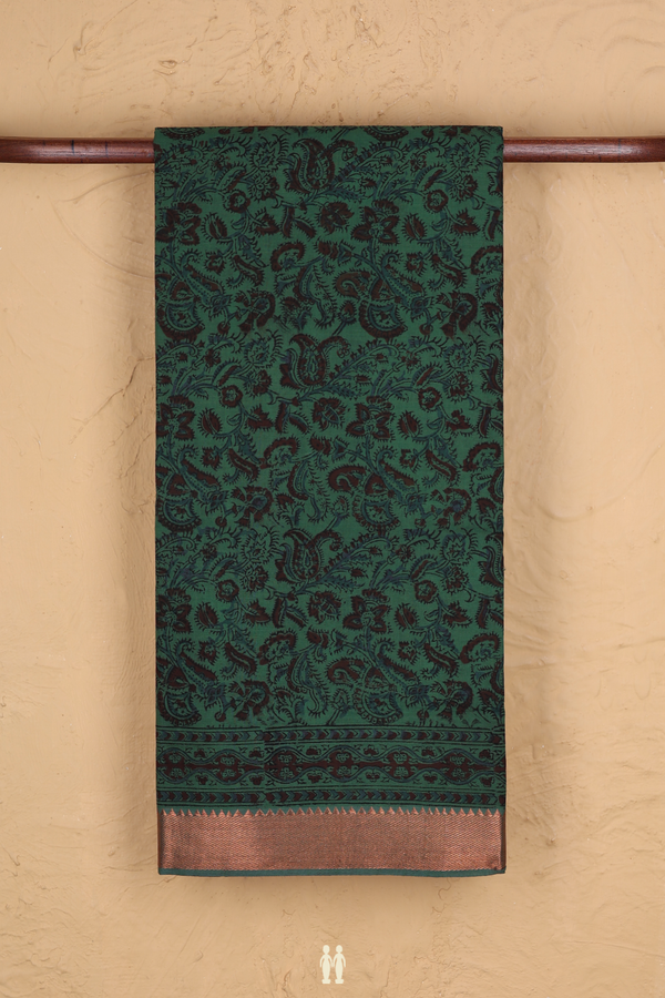 Mangalagiri Cotton Saree In Forest Green With Printed Design