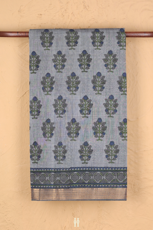 Printed Mangalagiri Cotton Saree In Grey With Floral Design