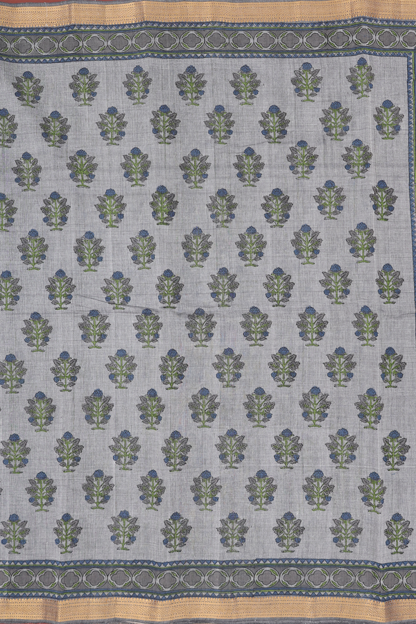 Printed Mangalagiri Cotton Saree In Grey With Floral Design