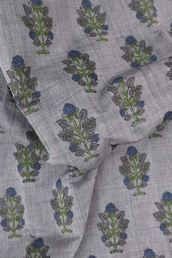 Printed Mangalagiri Cotton Saree In Grey With Floral Design