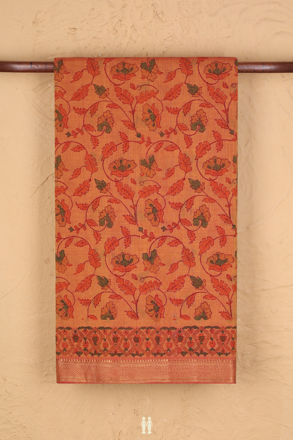Printed Mangalagiri Cotton Saree In Orange With Floral Design
