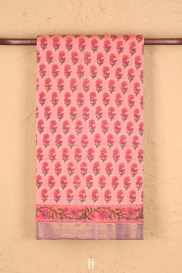 Printed Mangalagiri Cotton Saree In Orange With Floral Design