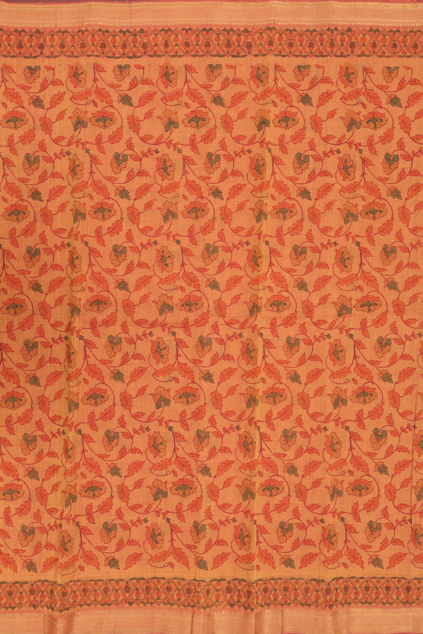 Printed Mangalagiri Cotton Saree In Orange With Floral Design