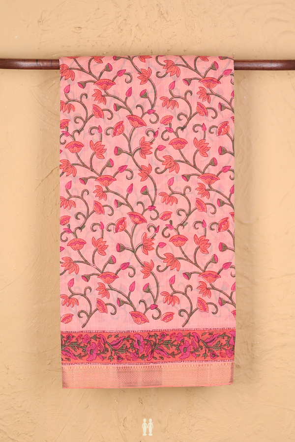 Printed Mangalagiri Cotton Saree In Peach With Floral Buttas