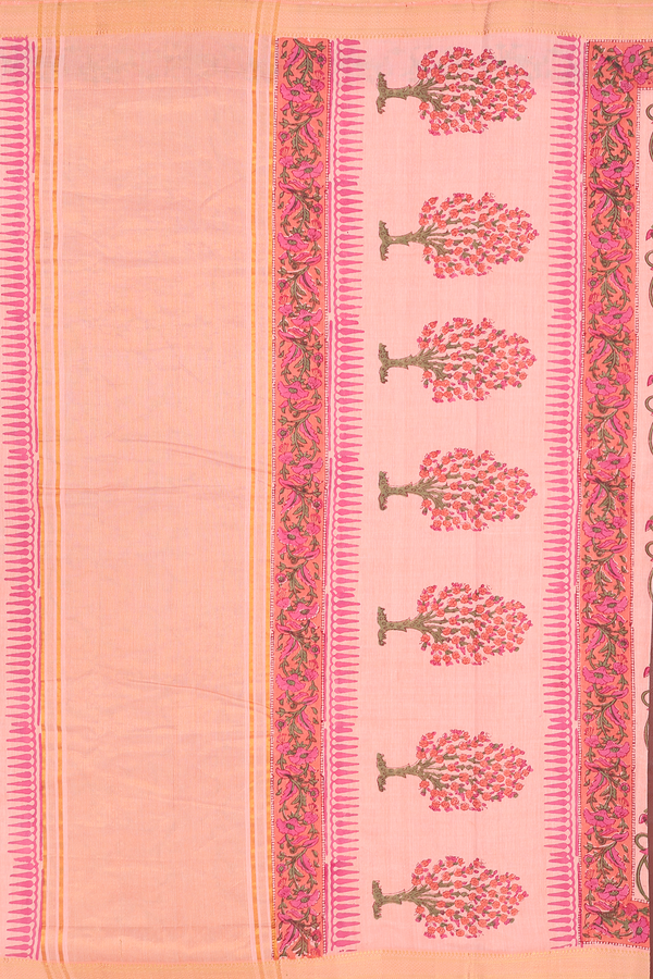Printed Mangalagiri Cotton Saree In Peach With Floral Buttas