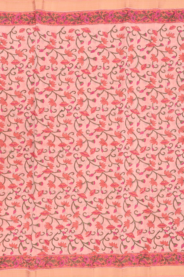 Printed Mangalagiri Cotton Saree In Peach With Floral Buttas