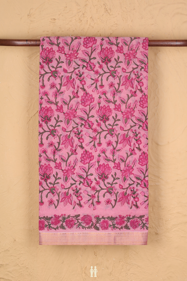 Printed Mangalagiri Cotton Saree In Pink With Floral Design