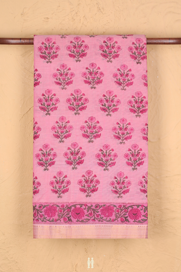 Printed Mangalagiri Cotton Saree In Pink With Floral Design