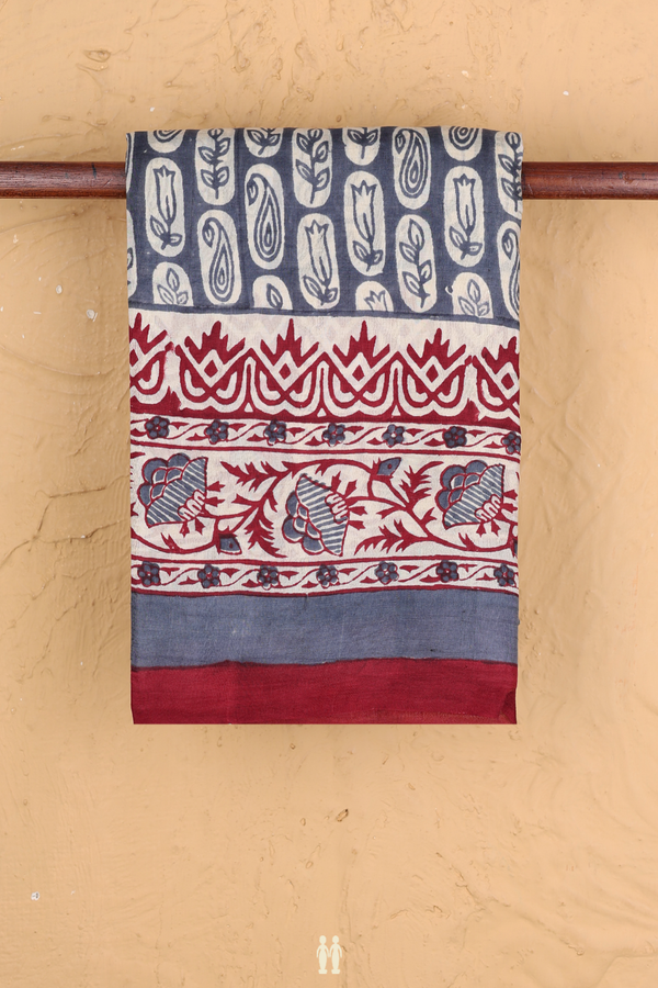 Printed Silk Saree In Aegean Blue With Allover Design