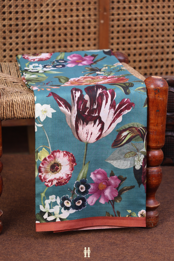 Printed Silk Saree In Beach Blue With Floral Design