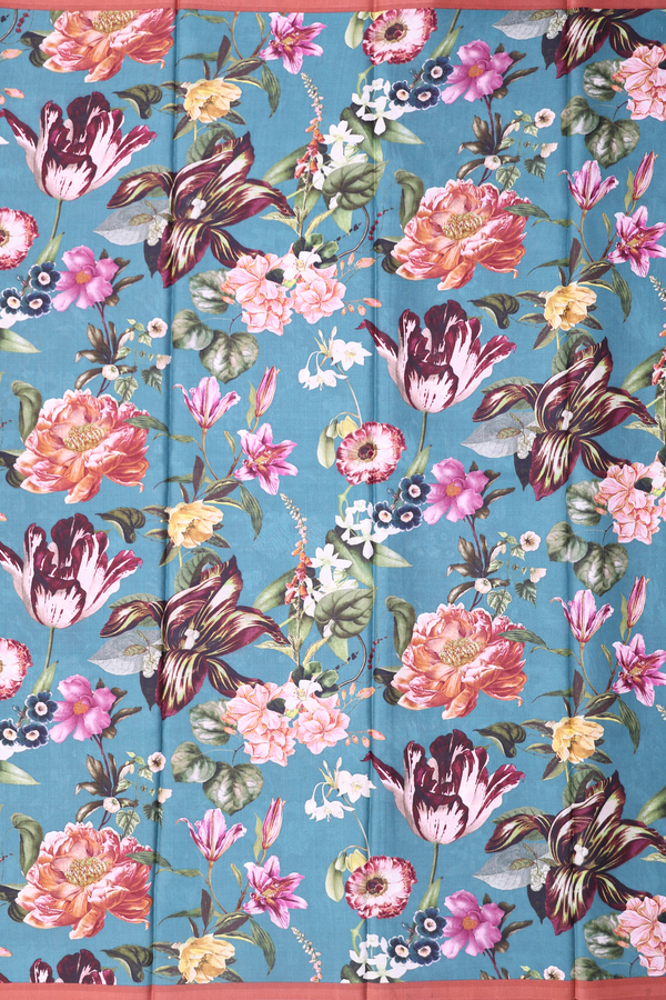 Printed Silk Saree In Beach Blue With Floral Design