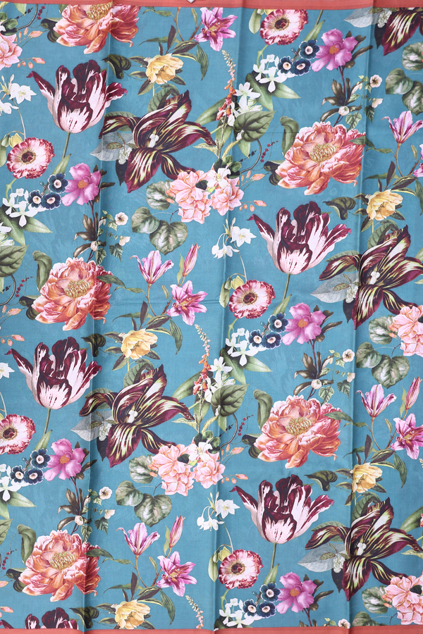 Printed Silk Saree In Beach Blue With Floral Design
