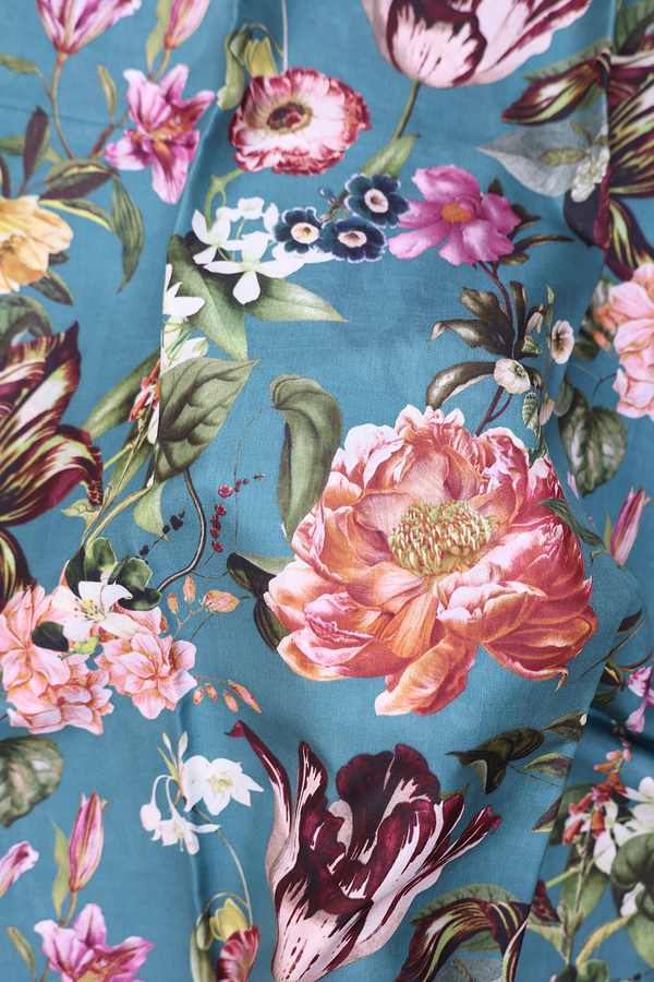 Printed Silk Saree In Beach Blue With Floral Design