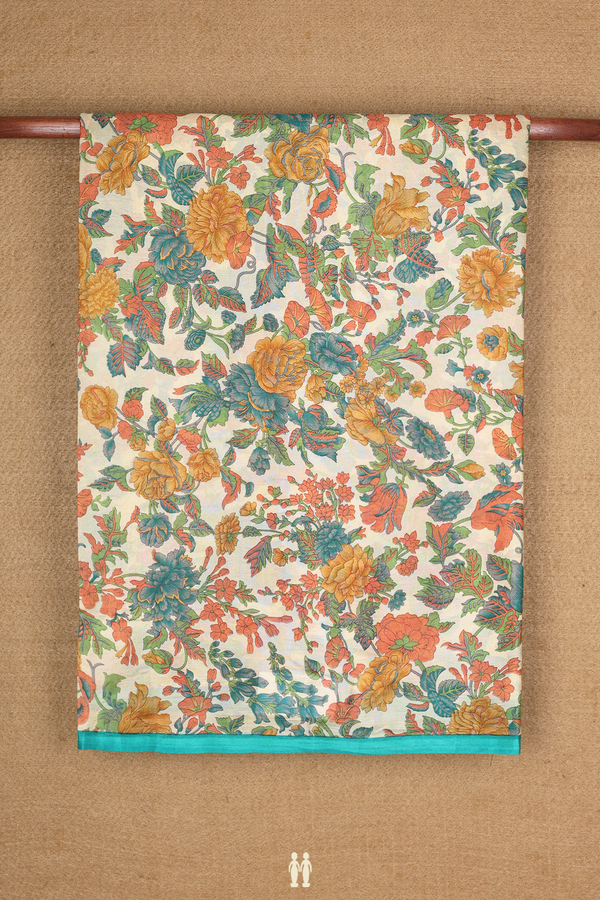 Printed Silk Saree In Beige With Allover Floral Design