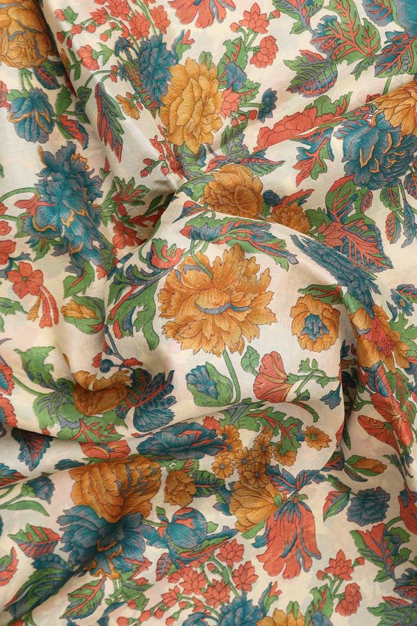 Printed Silk Saree In Beige With Allover Floral Design
