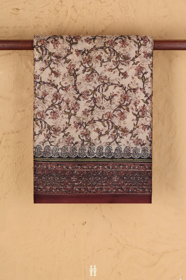 Printed Silk Saree In Beige With Floral Design