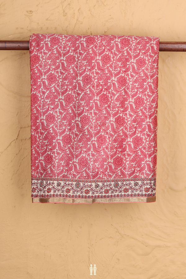 Printed Silk Saree In Beige With Floral Design