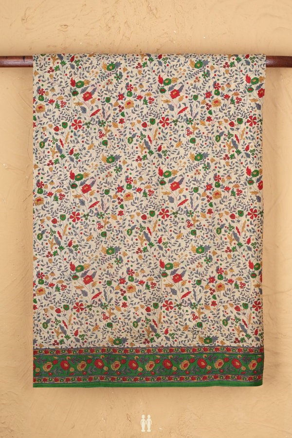 Printed Silk Saree In Beige With Floral Design