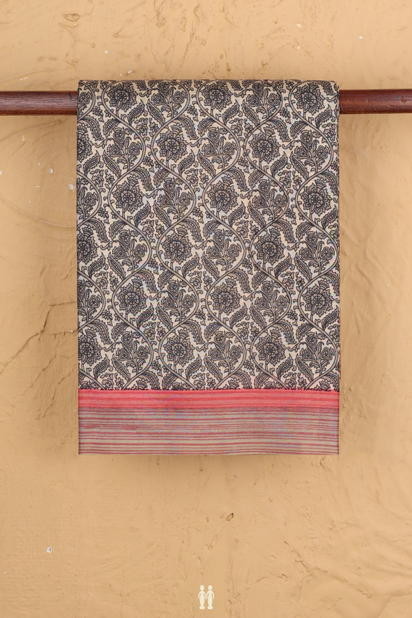 Printed Silk Saree In Beige With Floral Design