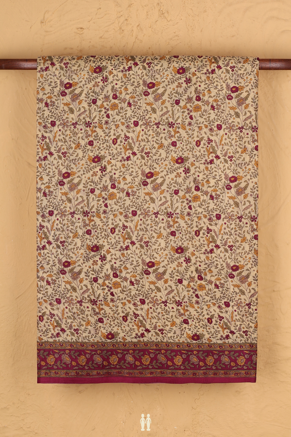 Printed Silk Saree In Pastel Brown With Floral Design