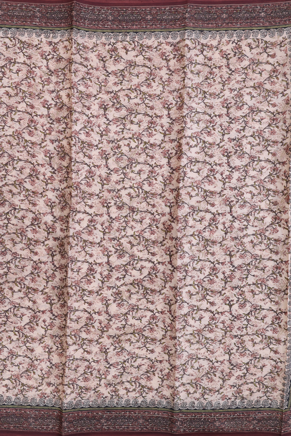 Printed Silk Saree In Beige With Floral Design