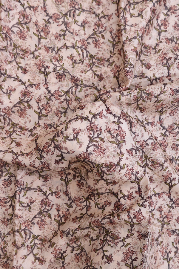 Printed Silk Saree In Beige With Floral Design