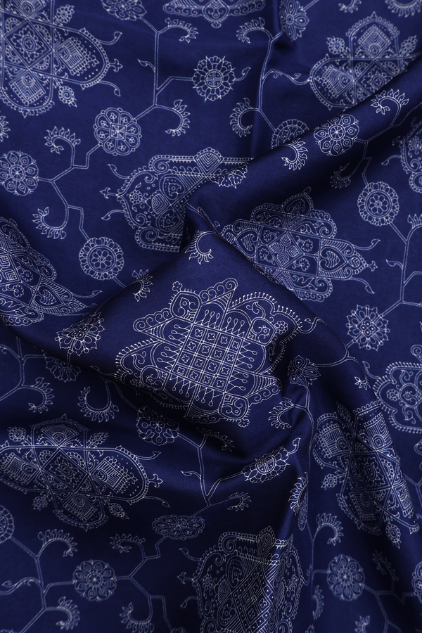 Printed Silk Saree In Berry Blue With Allover Design