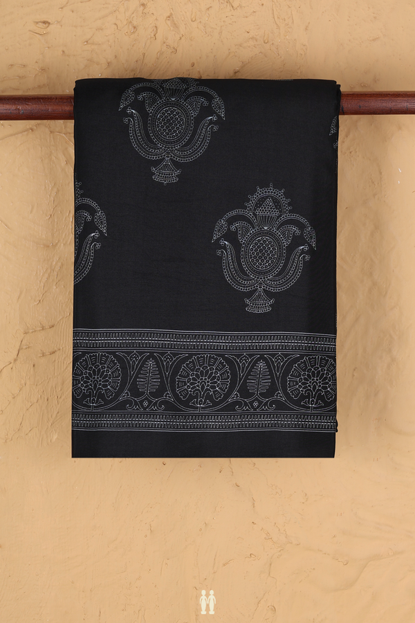 Printed Silk Saree In Black With Allover Design