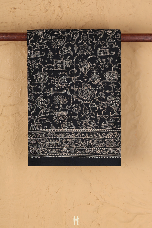 Printed Silk Saree In Black With Allover Design