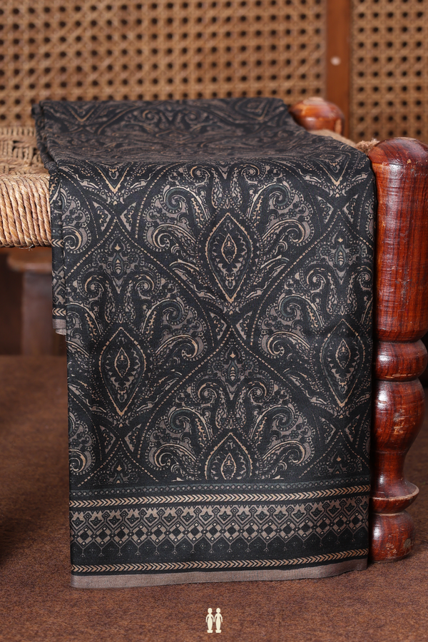 Printed Silk Saree In Black With Allover Design