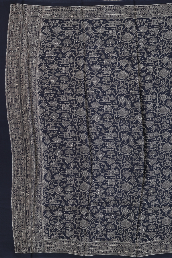 Printed Silk Saree In Black With Allover Design