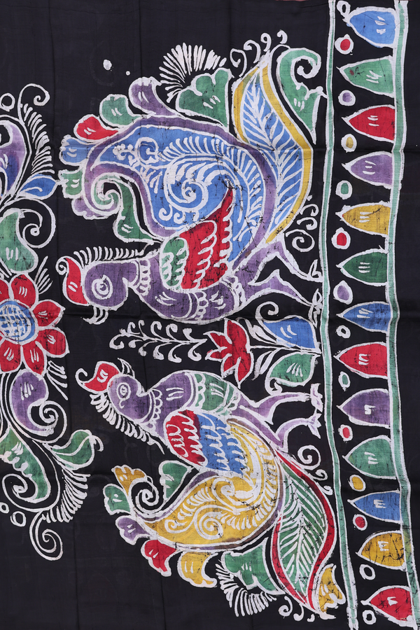 Printed Silk Saree In Black With Allover Design