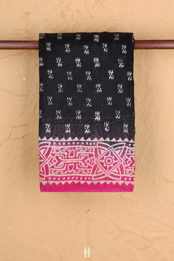 Printed Silk Saree In Black With Allover Design