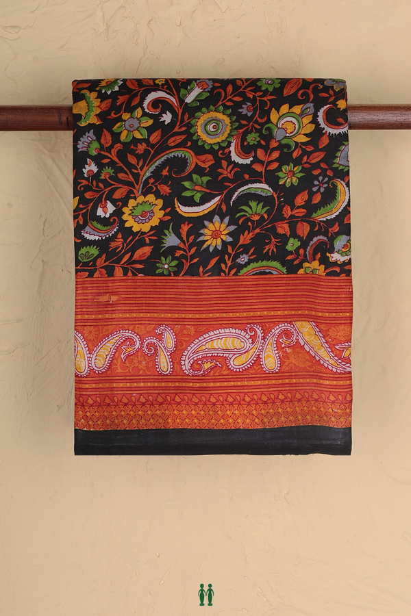 Printed Silk Saree In Black With Floral Design