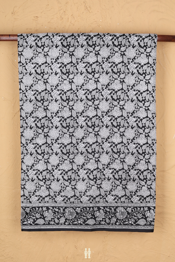 Printed Silk Saree In Black With Floral Design